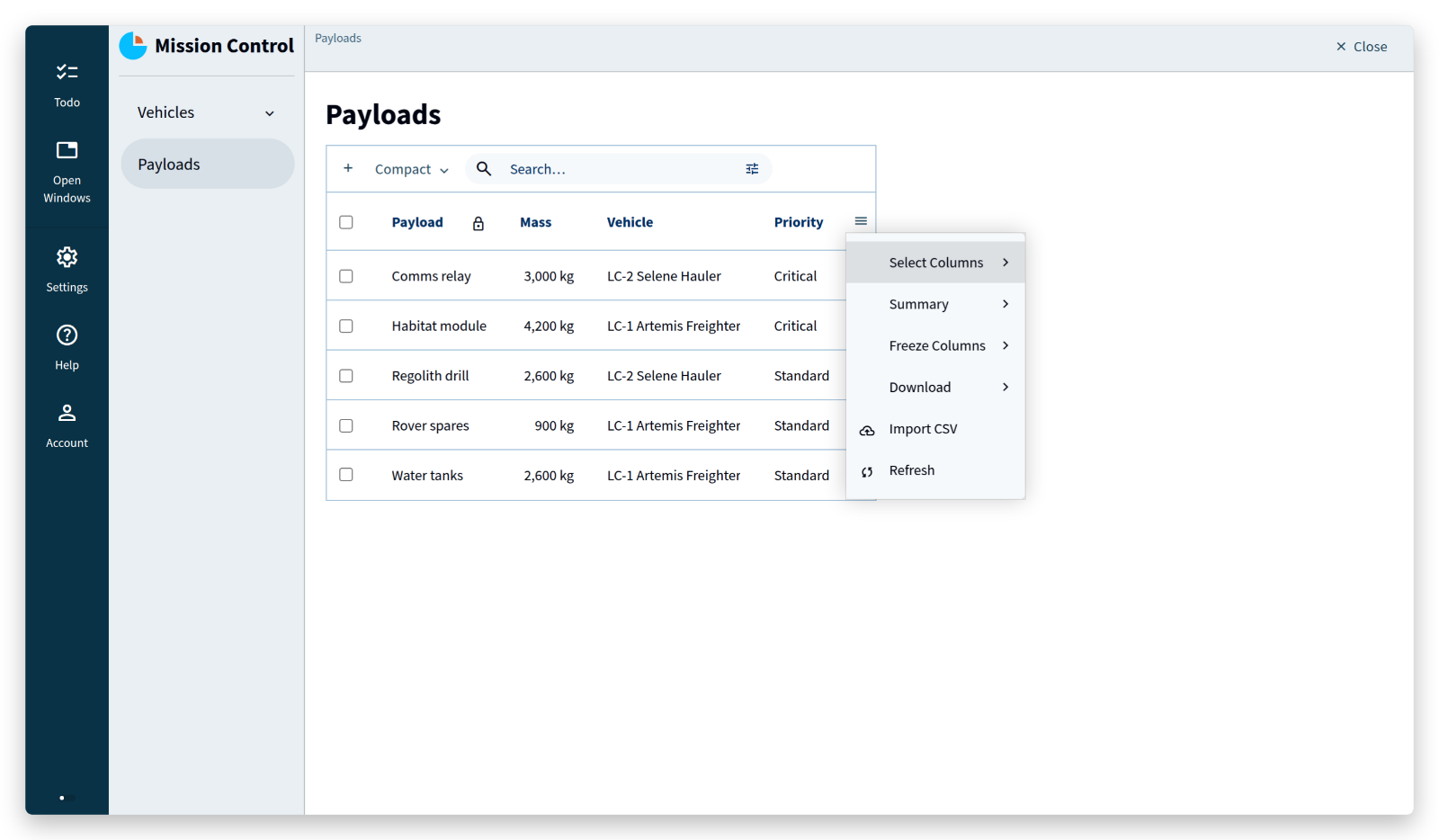 The collection menu, with Download and Import CSV