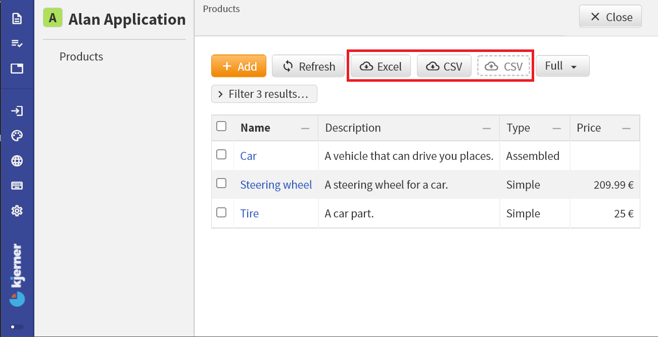 Excel download, CSV download, and CSV upload