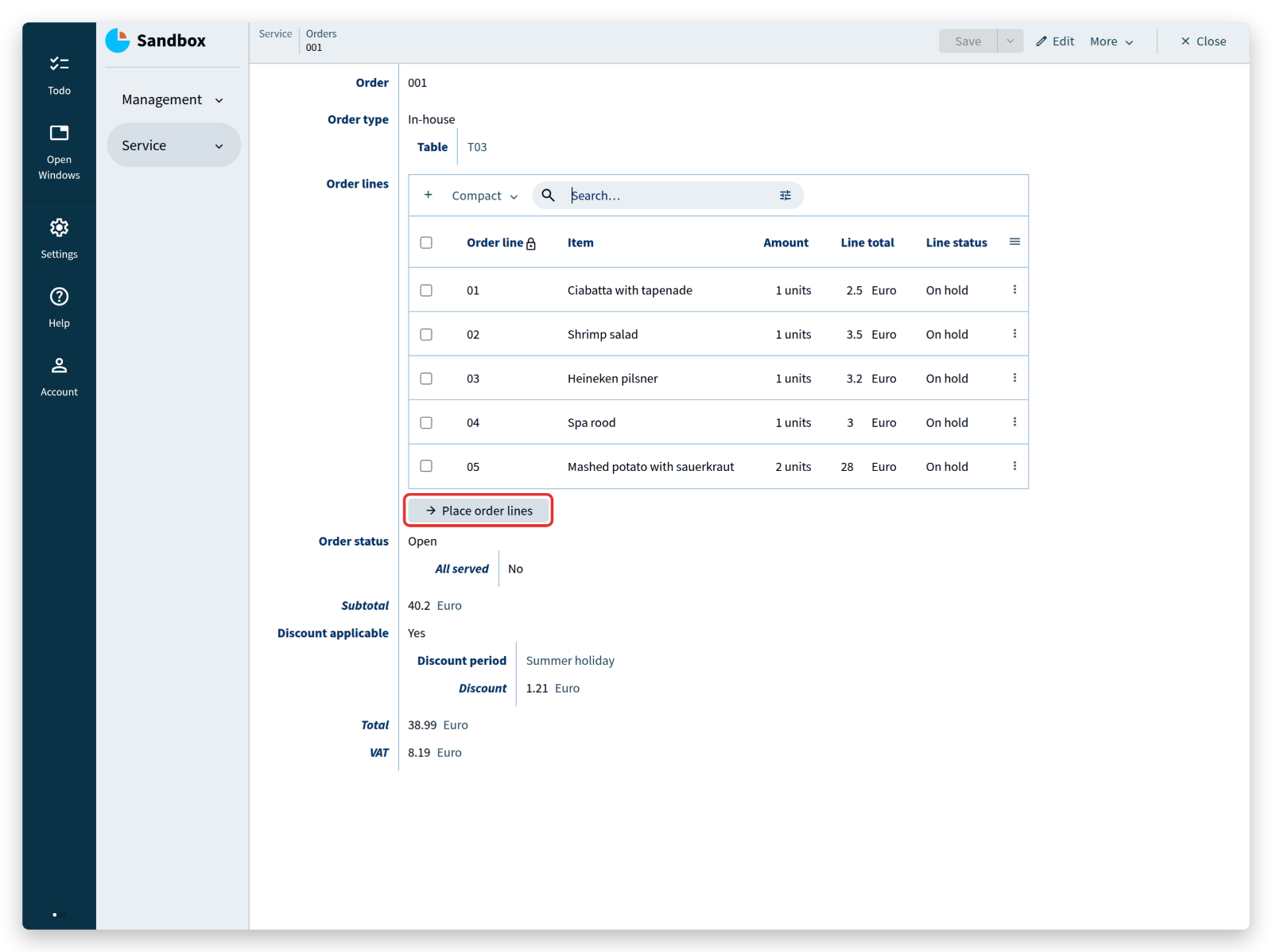 Place order lines command